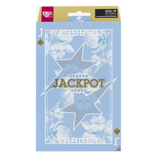 Adrian Lewis Showdown SP 95%  dart packaging featuring a light blue floral design with star graphics and the word 'JACKPOT' in gold lettering.