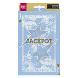 Adrian Lewis Showdown SP 95%  dart packaging featuring a light blue floral design with star graphics and the word 'JACKPOT' in gold lettering.