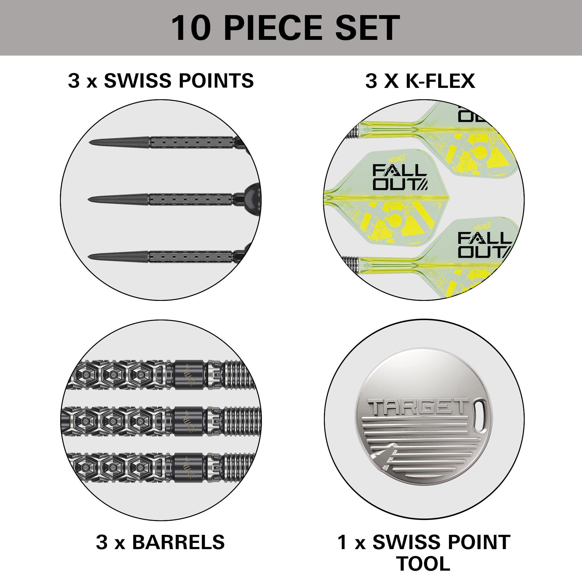 A 10-piece set of Luke Littler Nuke Fallout SP 90% Tungsten Darts showing the shafts, tips, barrels, and a swiss point tool, displayed in a four-quadrant infographic layout with text labels.