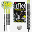 Luke Littler Nuke Fallout SP 90% Tungsten Darts featuring three darts with translucent neon yellow-green flights and black/silver barrels, alongside their retail packaging, a close-up of the barrel, and a silver steel tip.