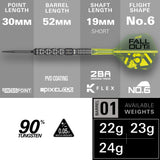 A technical product information graphic for Luke Littler Nuke Fallout 90% Tungsten Darts with swiss point darts.