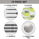 A 10-piece set of Luke Littler Nuke Fallout SP 90% Tungsten Darts showing the shafts, tips, barrels, and a swiss point tool, displayed in a four-quadrant infographic layout with text labels.