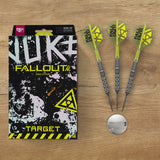 Luke Littler Nuke Fallout SP 90% Tungsten Darts on wood surface.