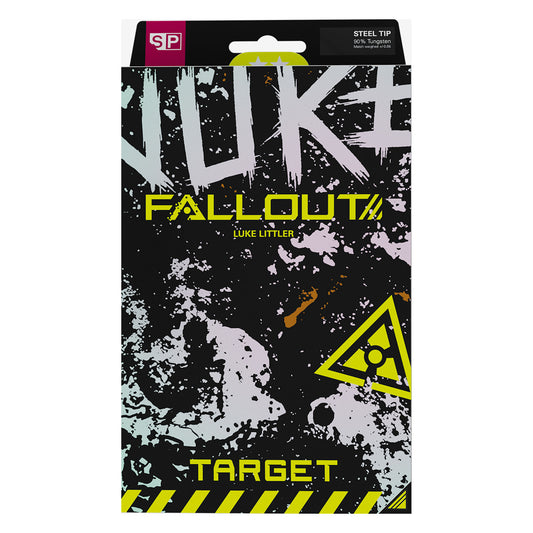A Fallout: steel tip target darts featuring a black background with distressed white and gray graphics, yellow 'FALLOUT' and 'TARGET' text, and a yellow biohazard symbol.