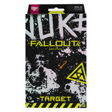 A Fallout: steel tip target darts featuring a black background with distressed white and gray graphics, yellow 'FALLOUT' and 'TARGET' text, and a yellow biohazard symbol.