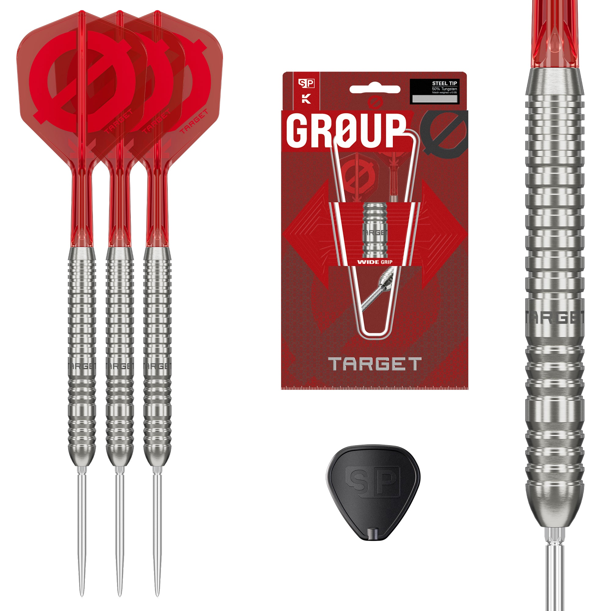 Group Ø 50% SP Tungsten Darts showing the three darts, packaging, swiss tool and close up of barrel