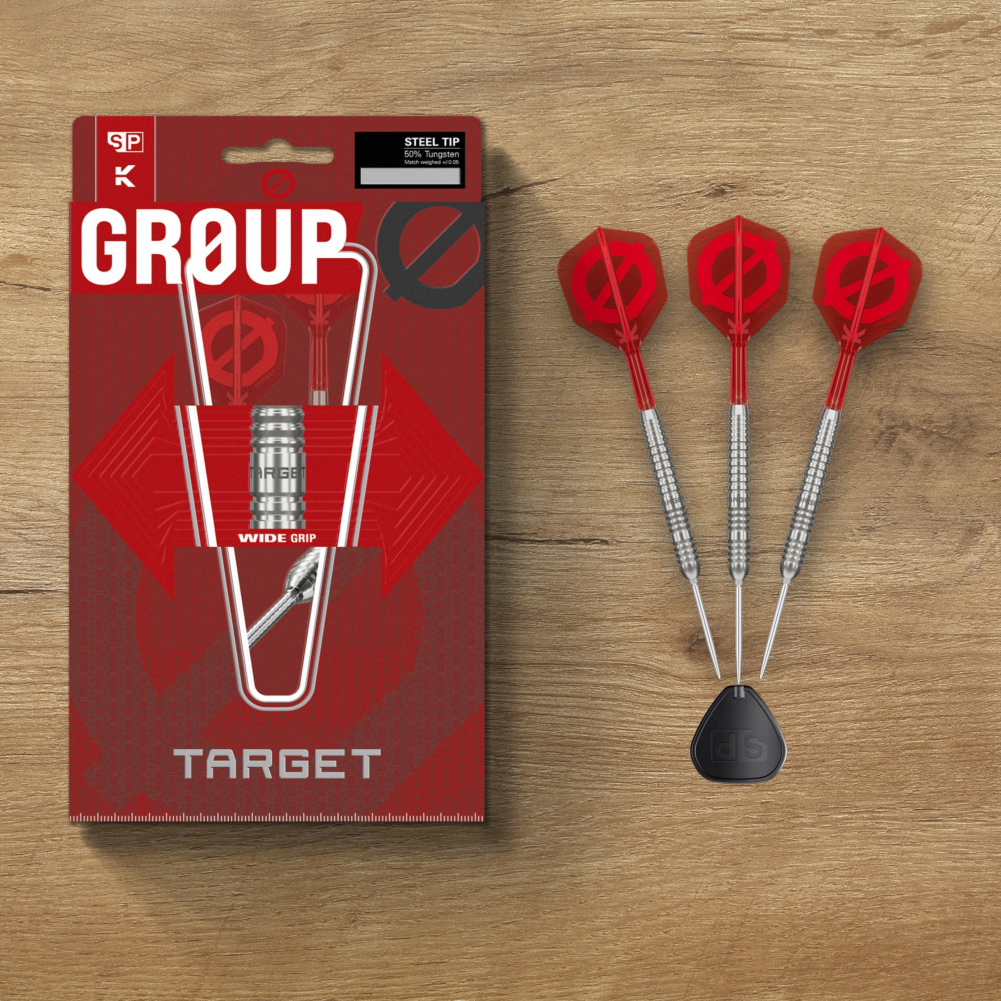 Group Ø 50% SP Tungsten Darts on wood surface.