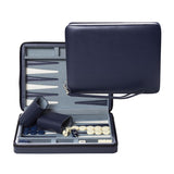 9" Backgammon Magnetic Set with Strap by WE navy blue showing open and closed.