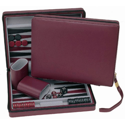 9" Backgammon Magnetic Set with Strap by WE showing burgundy open and closed