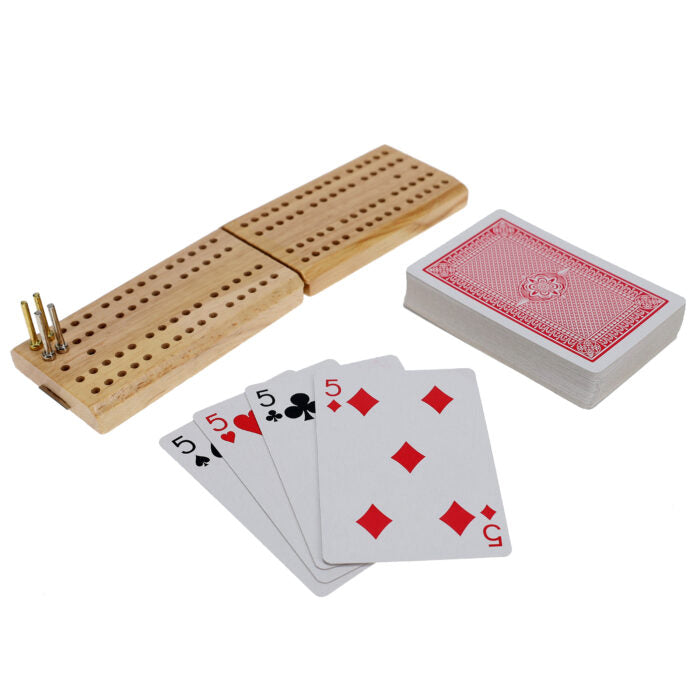 Walnut 7-Games-in-1 Combination Game Set showing cribbage and cards.