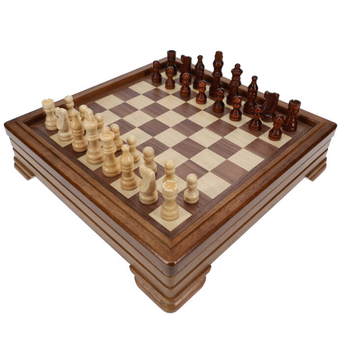 Walnut 7-Games-in-1 Combination Game Set showing chess game with board and chess pieces.