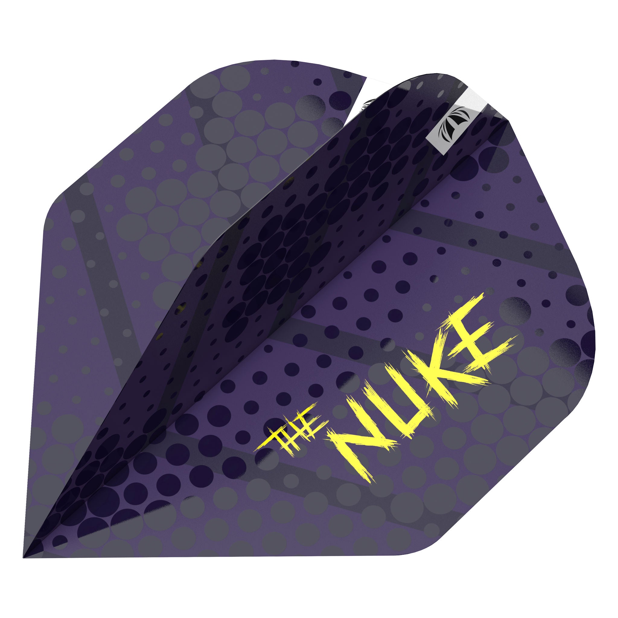 Luke Littler No. 2 Pro Ultra Flights dynamic view purple flights with yellow lettering "the nuke" on white background