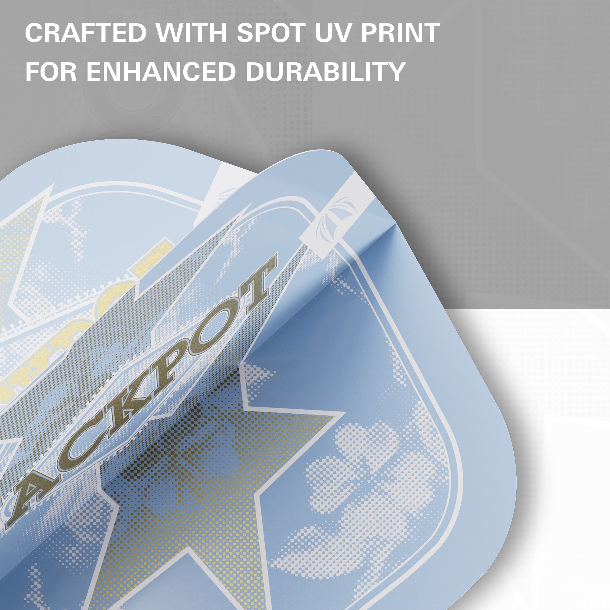 A close-up of a light blue printed dart flight. White text at the top reads 'CRAFTED WITH SPOT UV PRINT FOR ENHANCED DURABILITY.