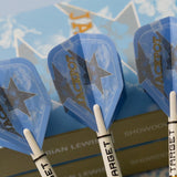 Blue and silver Target dart flights with 'JACKPOT' and star designs, shown with the Target brand visible on the shafts and box.
