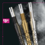 Swiss Storm Diamond Pro Points showing three colour options gold, black and silver on a smoky black background