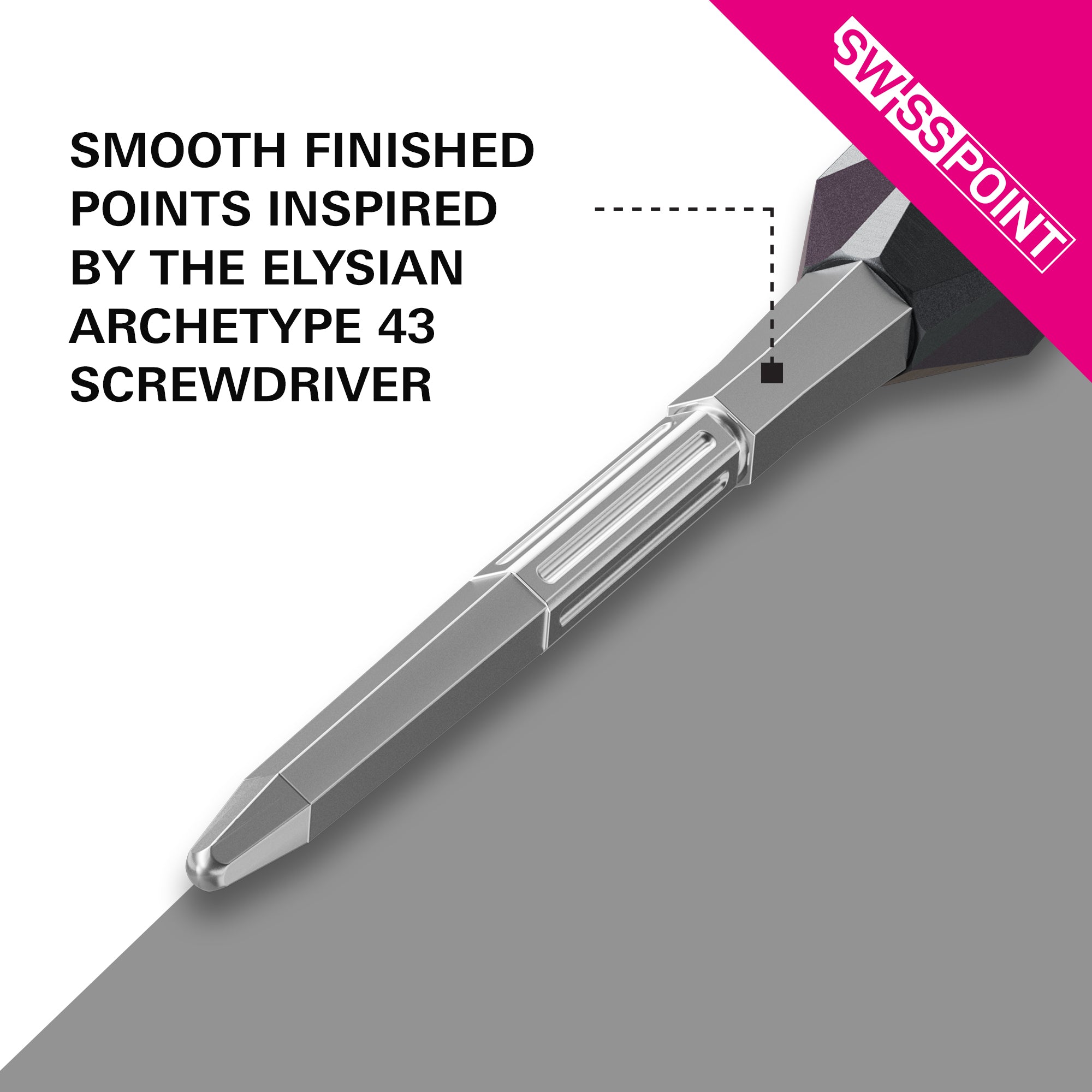 Swiss Elysian Archetype 43 Silver Points with text about smooth finished points inspired by Elysian Archetype 43 on a gray background.