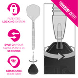 Swiss Point dart system with patent lock, switchable points, and customizable dart features on a white background.