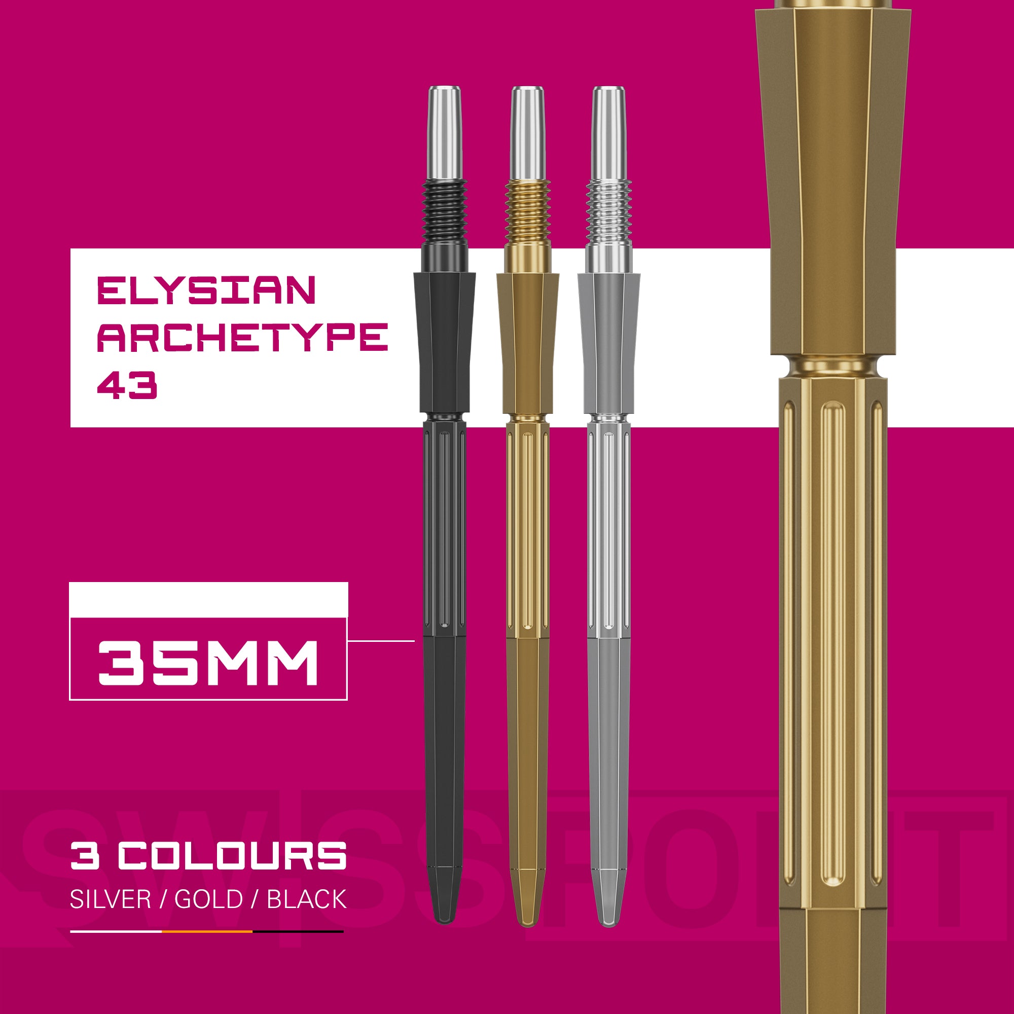 Swiss Elysian Archetype 43 Points  with gold, silver, and black finishes on a pink background with text indicating 'Elysian Archetype 43' and '35MM'.