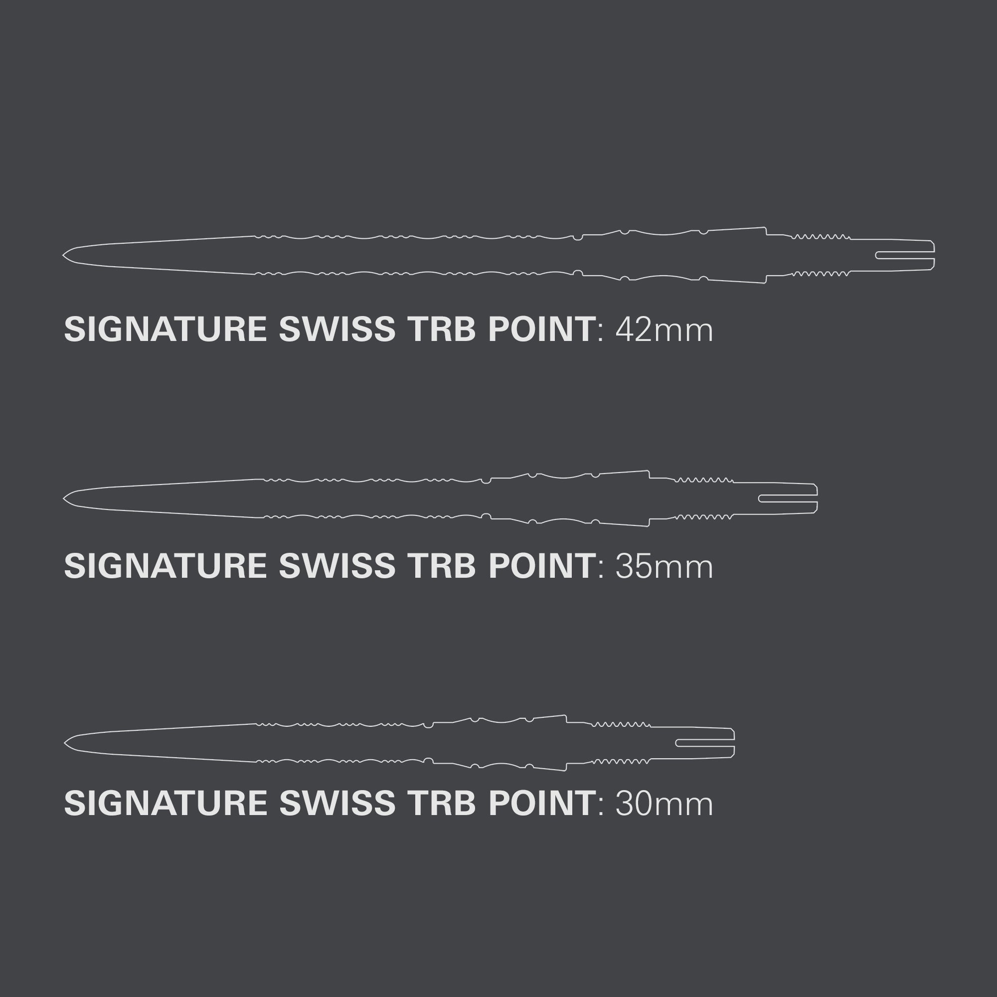 Three different sizes of Signature Swiss TRB Points on a gray background