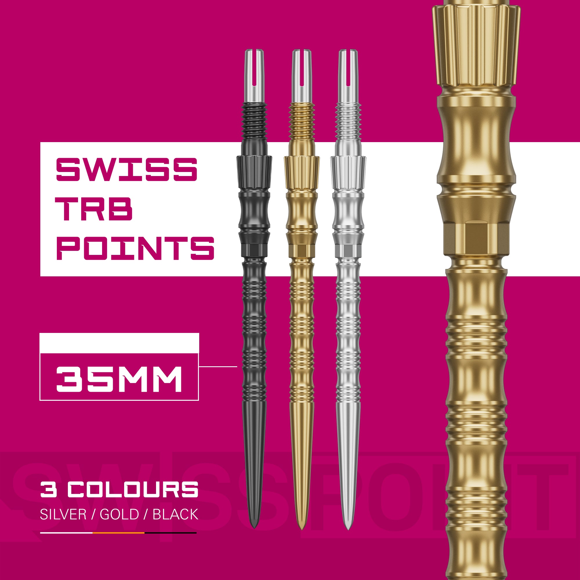 Swiss Signature TRB Points with gold, silver, and black shafts on a pink background with text indicating 'Swiss TRB Points' and '35MM'.
