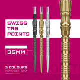 Swiss Signature TRB Points with gold, silver, and black shafts on a pink background with text indicating 'Swiss TRB Points' and '35MM'.