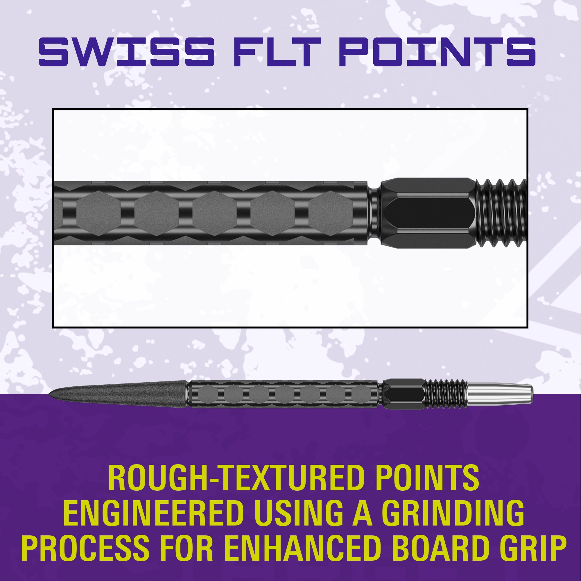Swiss FLT Points showing colour up of the details of the rough textured point for enhanced board grip