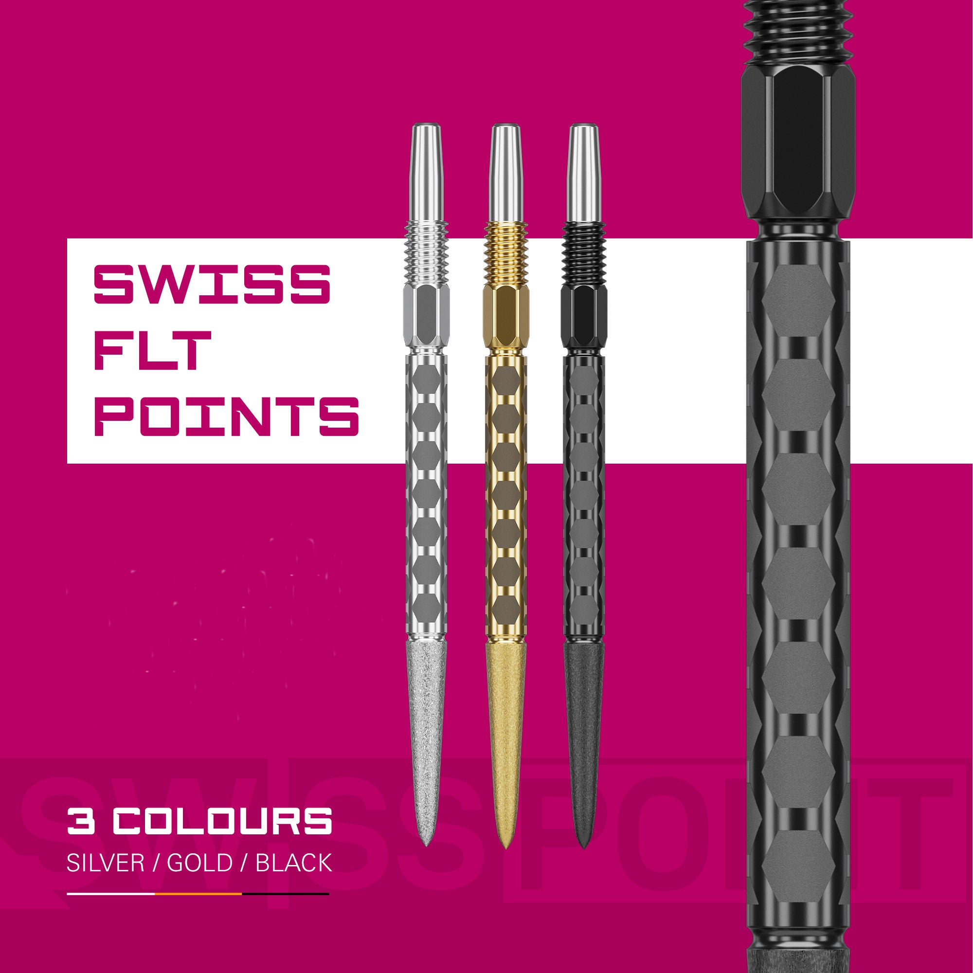 Swiss FLT Points showing 3 colours with pink background. 