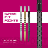 Swiss FLT Points showing 3 colours with pink background. 