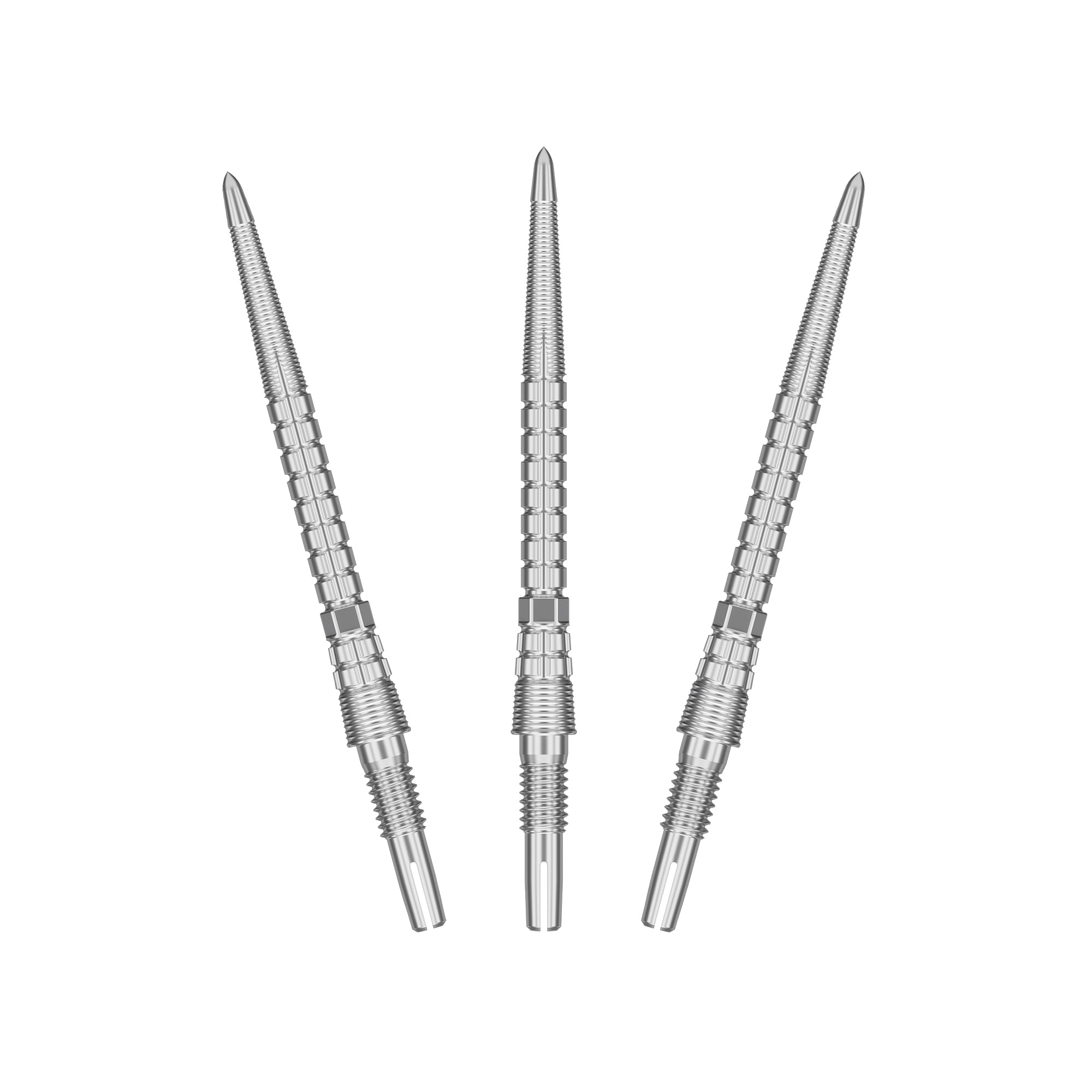 Swiss Storm Chrono Points close up of point with ribbed bodies and pointed tips, arranged vertically on a plain white background.