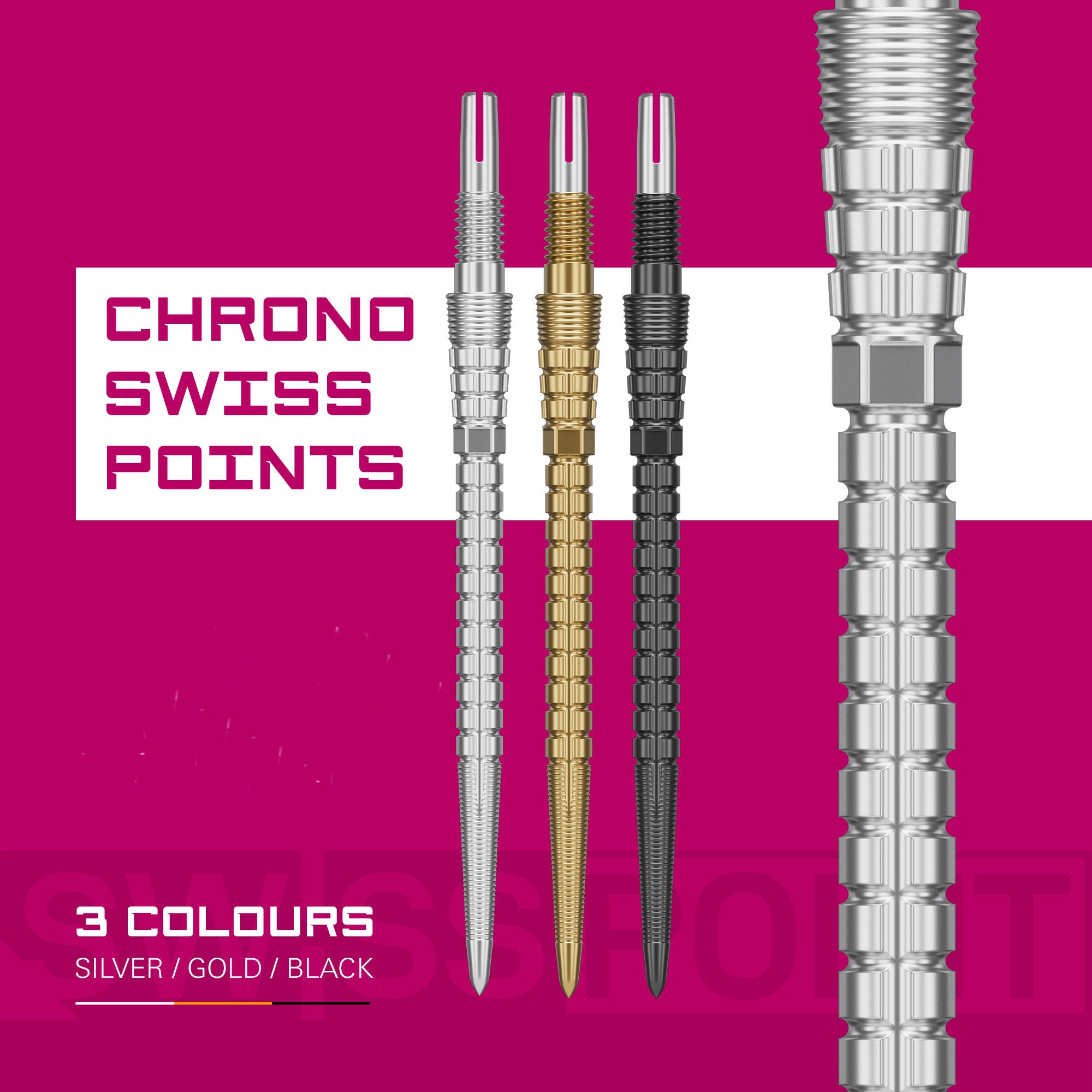 Swiss Storm Chrono Points showing three colour options with a close up of silver on pink background