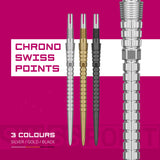 Swiss Storm Chrono Points showing three colour options with a close up of silver on pink background