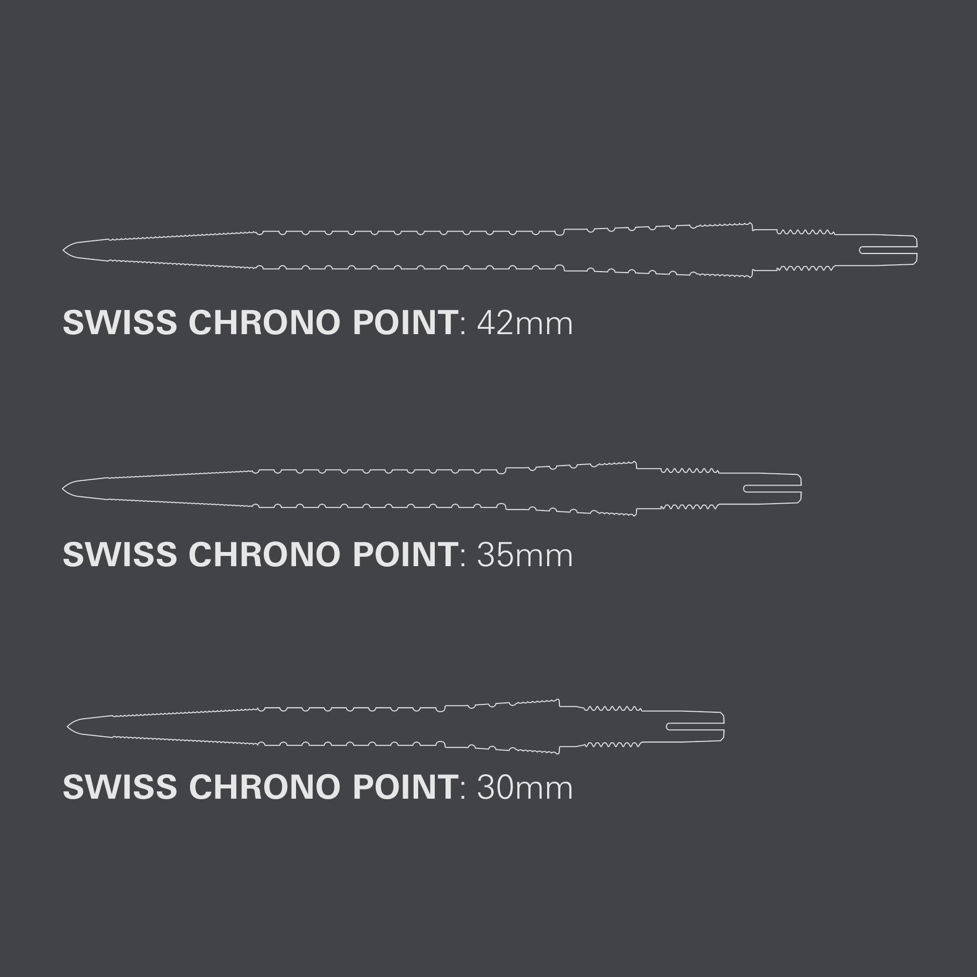 Swiss Storm Chrono Points grid showing three sizes on grey background.