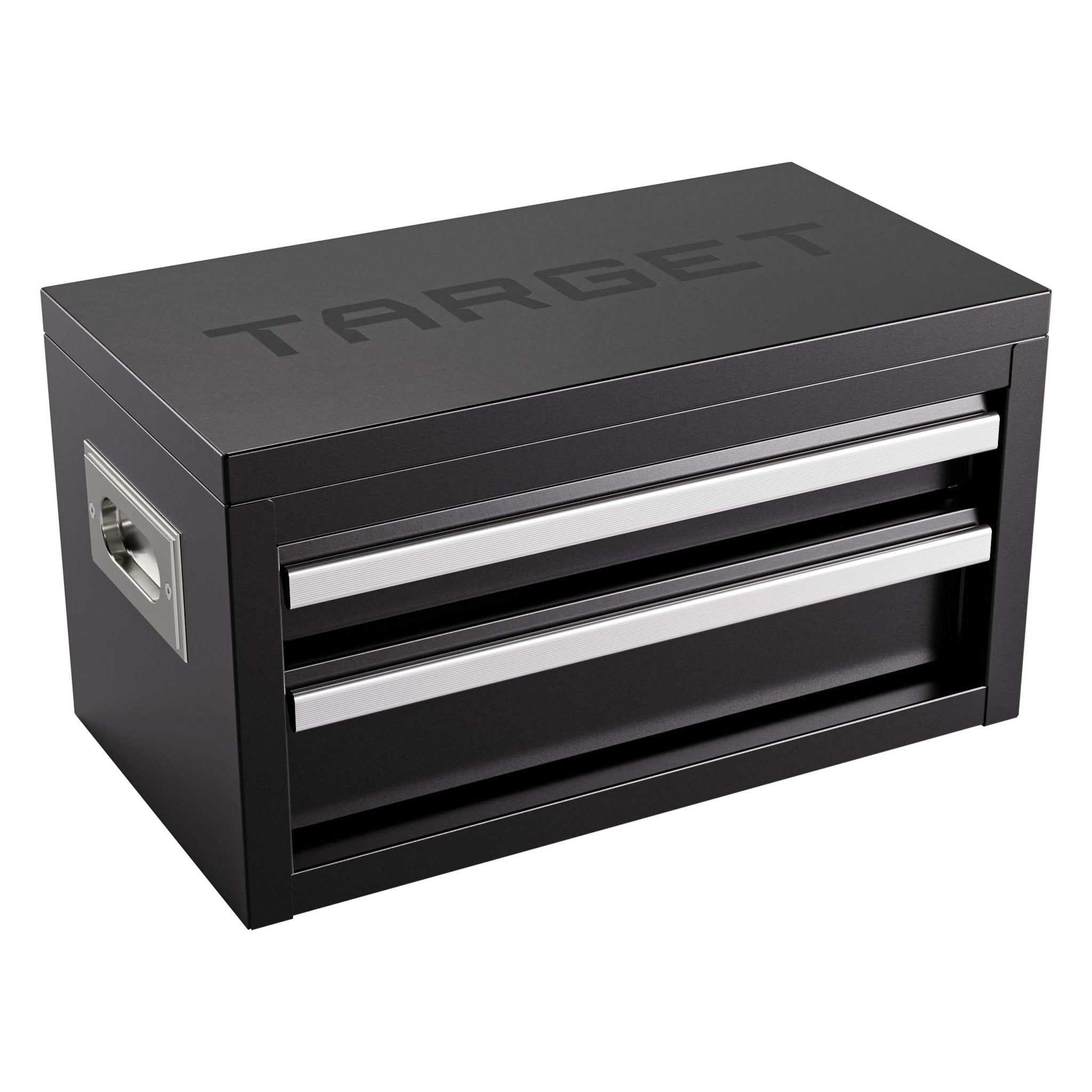 A black metal tool box with three drawers, featuring silver handles and the brand name 'TARGET' embossed on the top, set against a plain white background.