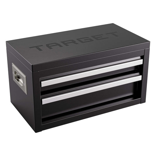 A black metal tool box with three drawers, featuring silver handles and the brand name 'TARGET' embossed on the top, set against a plain white background.