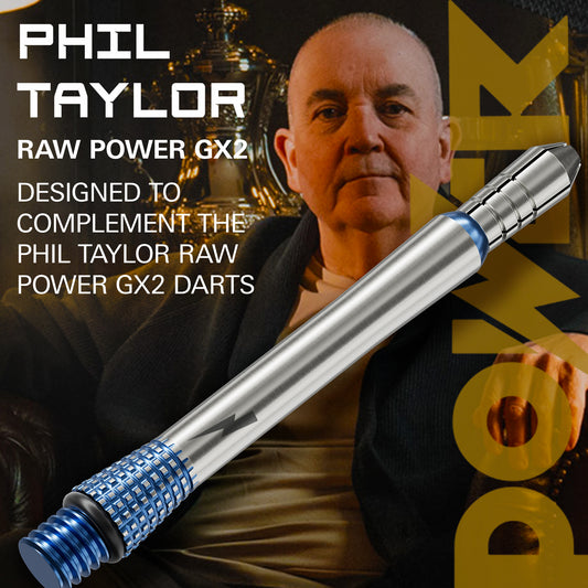 Phil Taylor Raw Power GX2 shaft with branding and text overlay