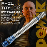 Phil Taylor Raw Power GX2 shaft with branding and text overlay
