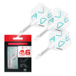 K-Flex Standard No.6 Flight & Shaft Rove Two clear darts with blue triangle patterns on a white background, accompanied by their packaging.