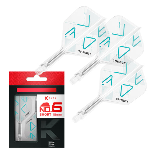 K-Flex Standard No.6 Flight & Shaft Rove Two clear darts with blue triangle patterns on a white background, accompanied by their packaging.