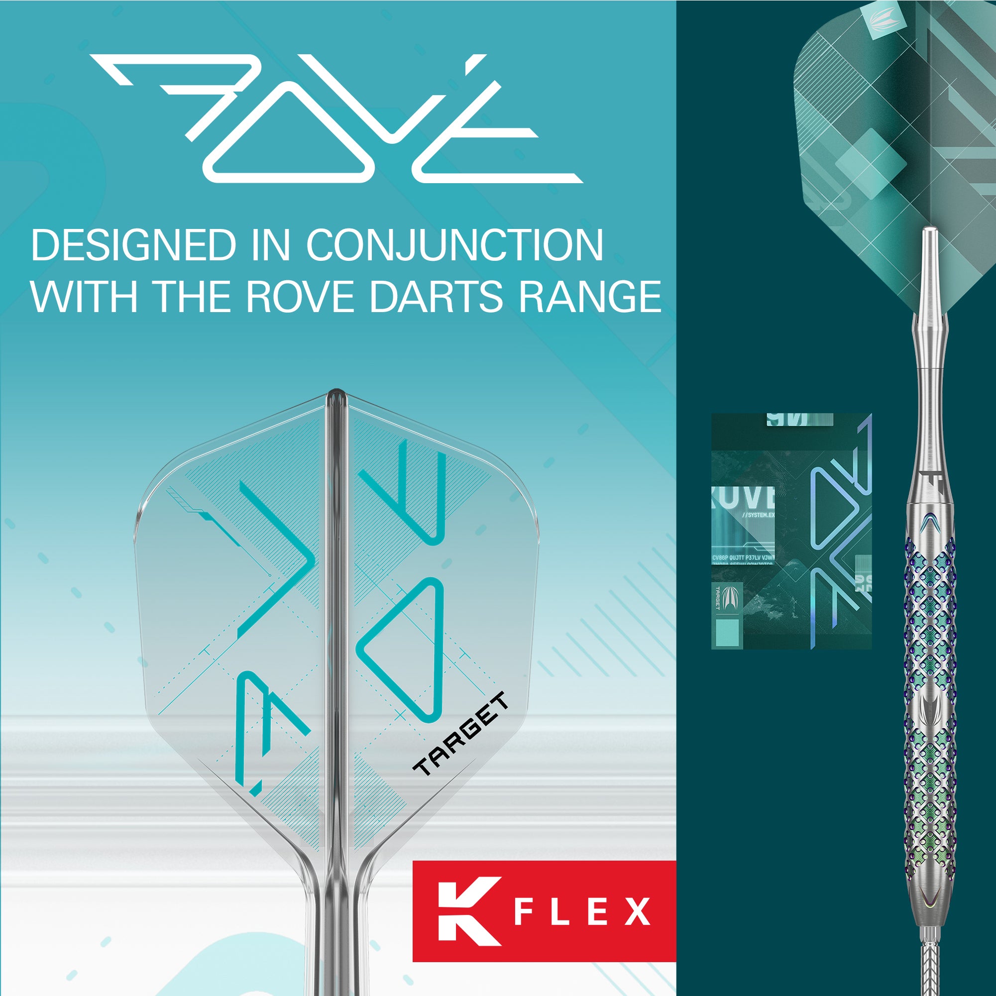 Rove darts with Target and K Flex branding on a blue and green gradient background