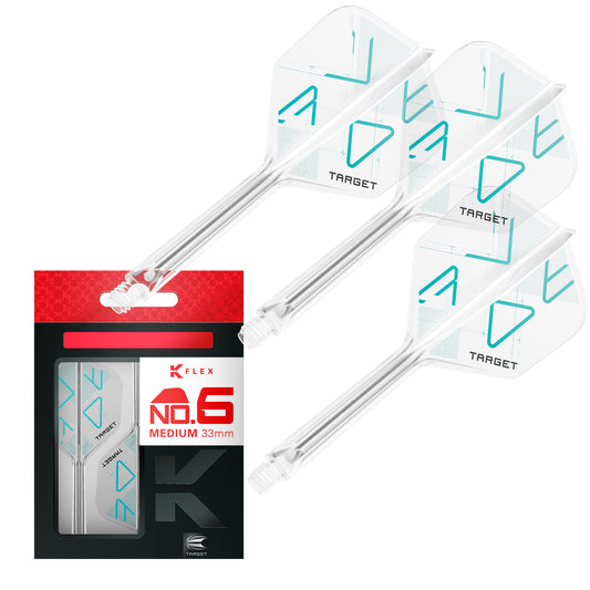 K-Flex Standard No.6 Flight & Shaft Rove Clear darts with blue triangle patterns on a white background, featuring K-Flex packaging.