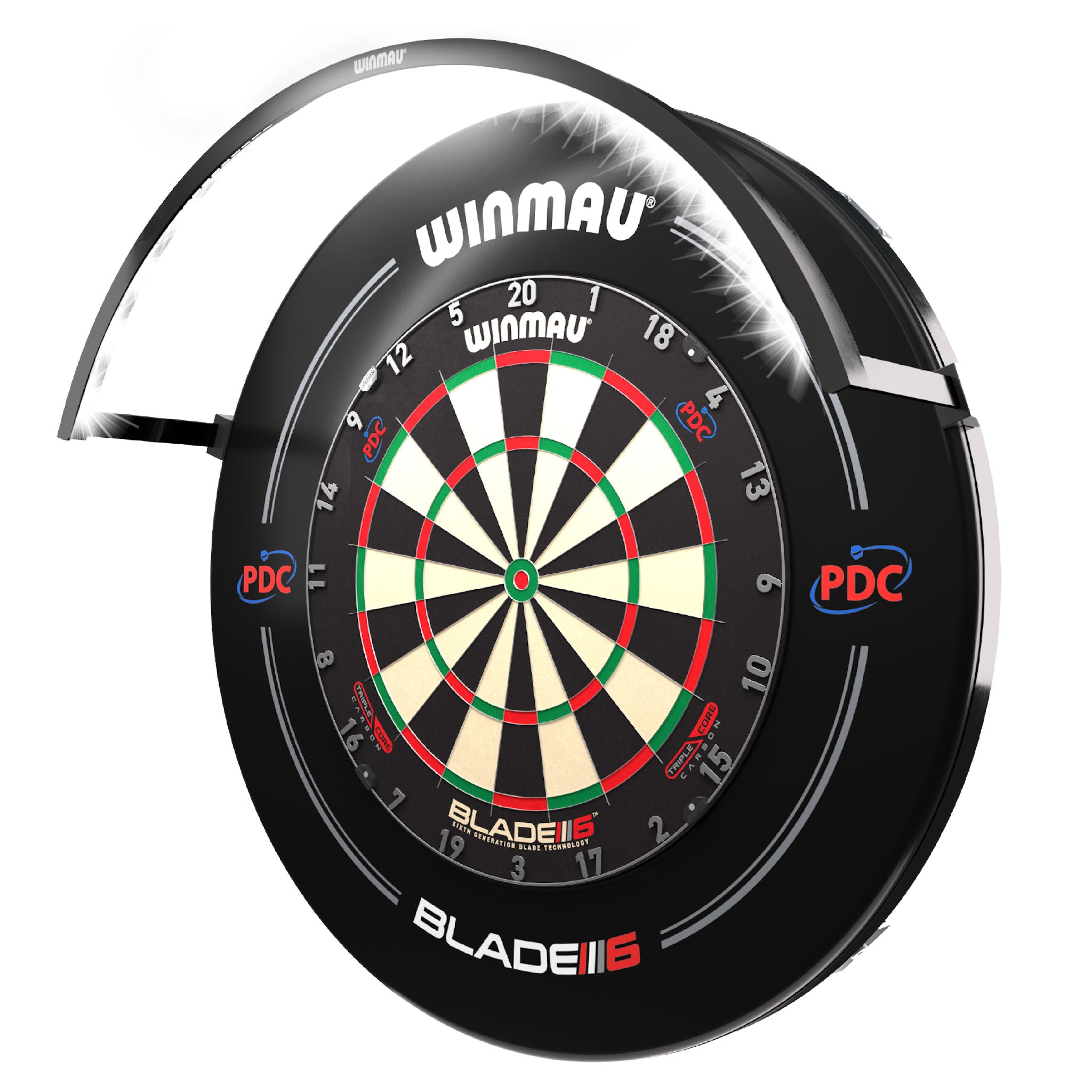 Wispa™ Dartboard Light shown with wispa system, triple core boards and PDC black surround.