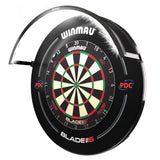 Wispa™ Dartboard Light shown with wispa system, triple core boards and PDC black surround.