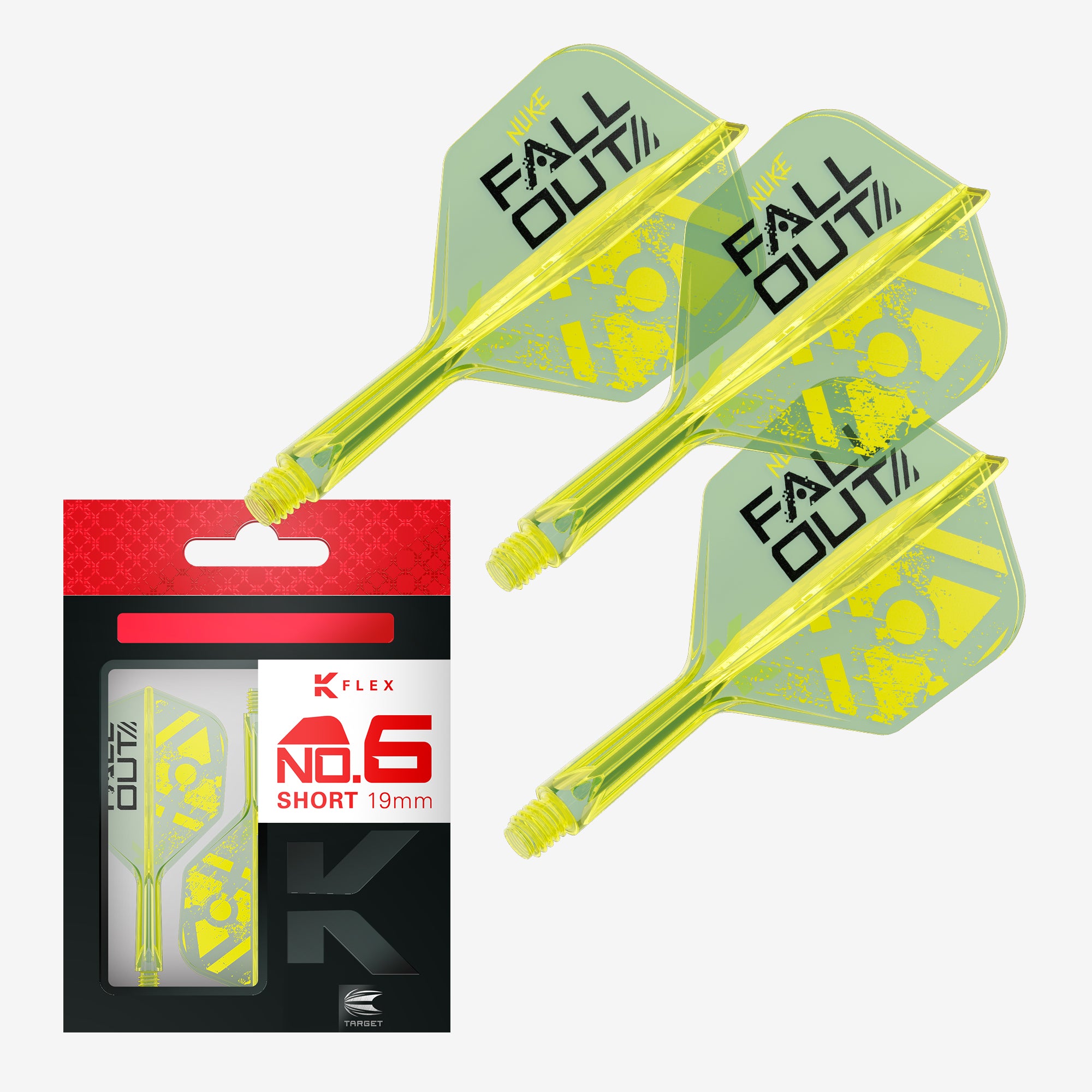 Three translucent neon yellow-green dart flights with black 'FALL OUT!' branding, shown alongside retail packaging labeled 'K FLEX NO.6 SHORT 19mm'.