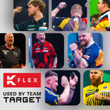 Collage of darts players with K Flex branding