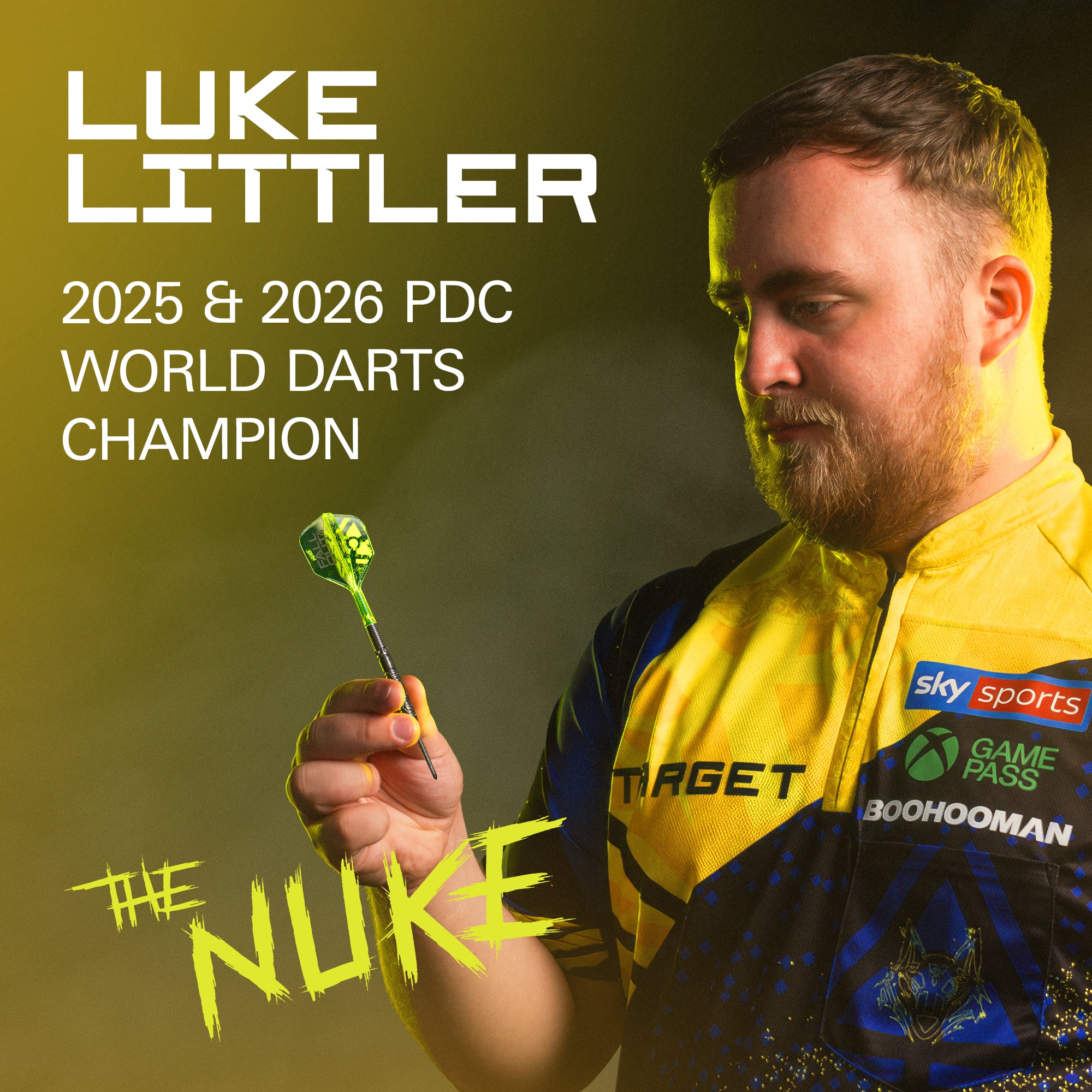 Promotional graphic for Luke Littler, 2025 & 2026 PDC World Darts Champion, showing him holding a green and black dart. He is wearing a yellow and blue Target darts jersey with sponsor logos including Sky Sports, Xbox Game Pass, and Boohoo Man.