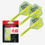 Three translucent neon yellow-green dart flights with black 'FALL OUT!' branding, shown alongside retail packaging labeled 'K FLEX NO.6 INTERMEDIATE 26mm'.