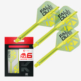 Three translucent neon yellow-green dart flights with black 'FALL OUT!' branding, shown alongside retail packaging labeled 'K FLEX NO.6 MEDIUM 33mm'.