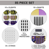 85-piece dart accessory set with labeled components on a white background