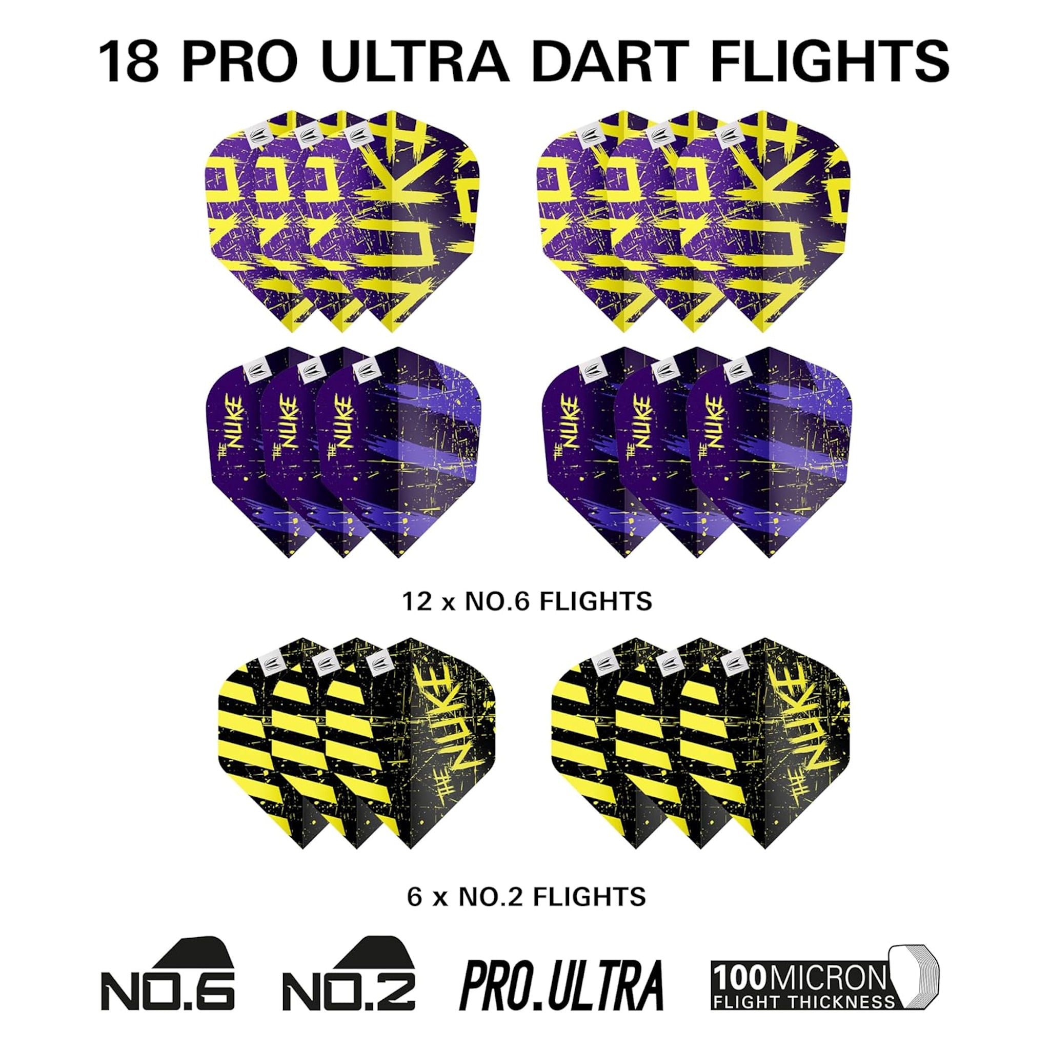 Set of 18 Pro Ultra Dart Flights with purple and yellow design on a white background