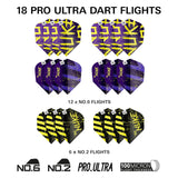 Set of 18 Pro Ultra Dart Flights with purple and yellow design on a white background